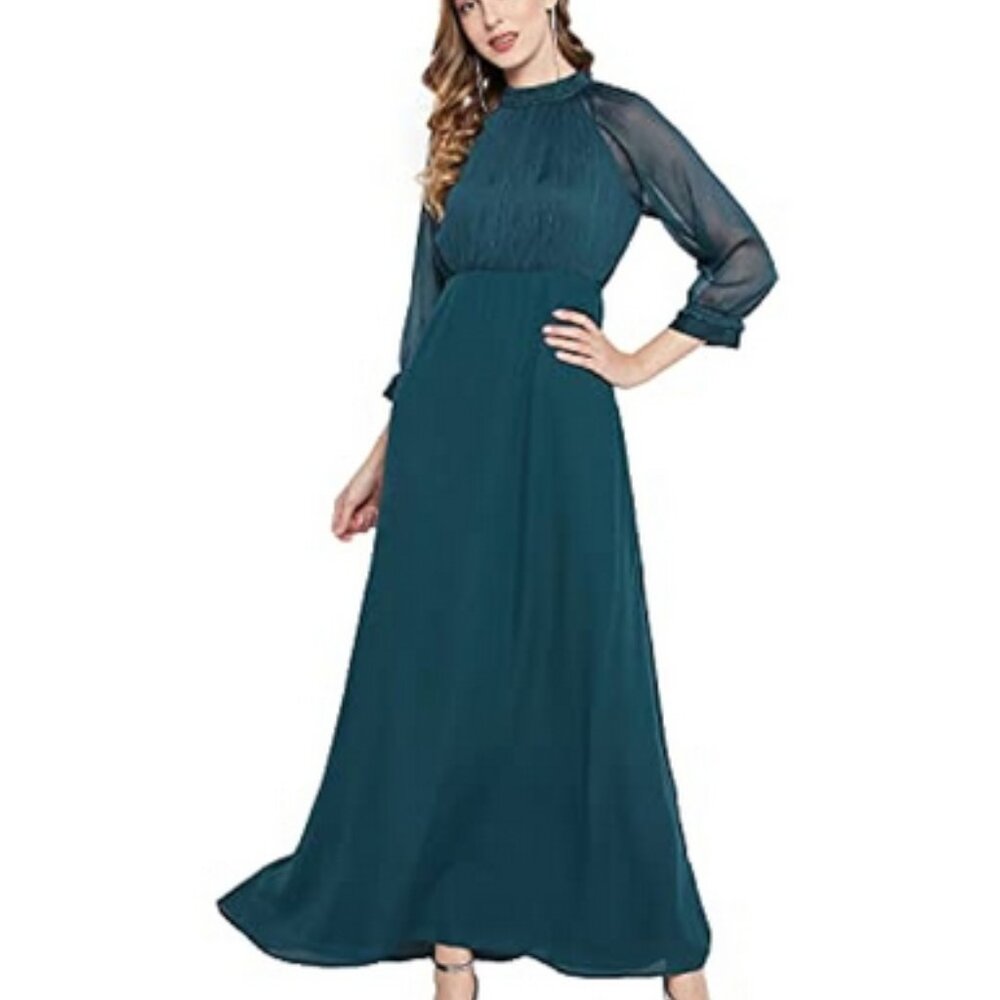 Madame Solid Mandarin Satin Maxi Dress Teal Beaded Shimmer M
